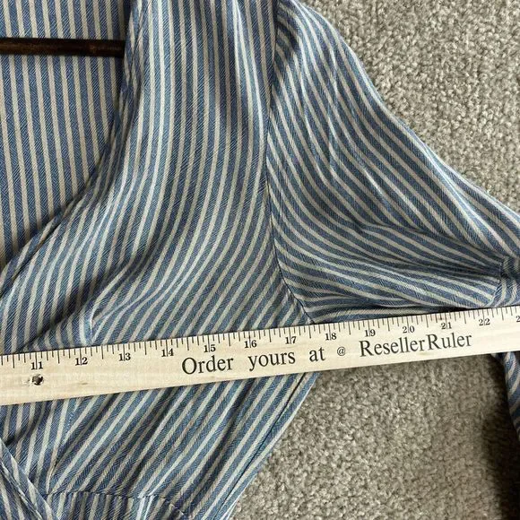 Ecote OU Wrap Dress Womens Size Medium Blue/Tan Striped Bell Sleeve V-Neck 90s - Picture 7 of 11